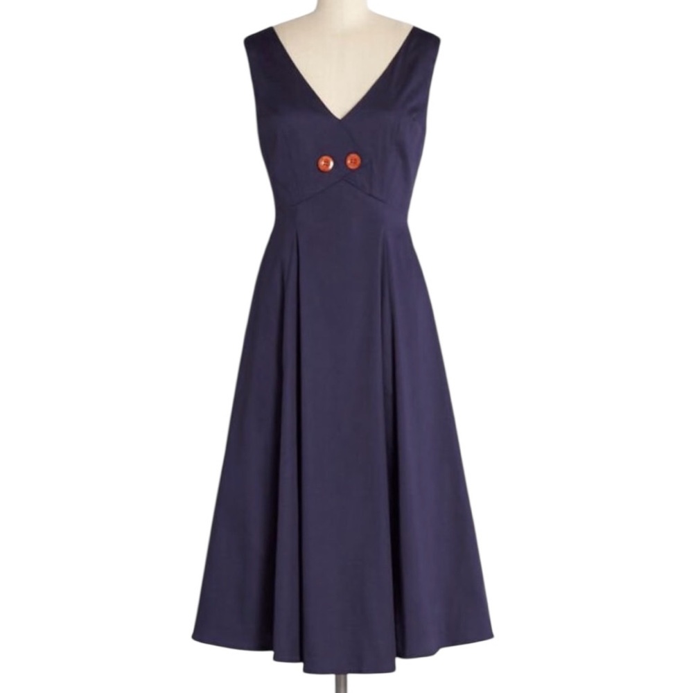 ModCloth Bright & Beautiful retro 50’s navy midi dress sleeveless v neck a line